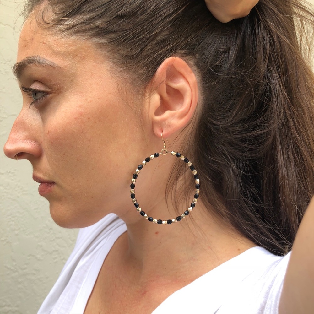 Gold & Black Beaded Hoop Earrings